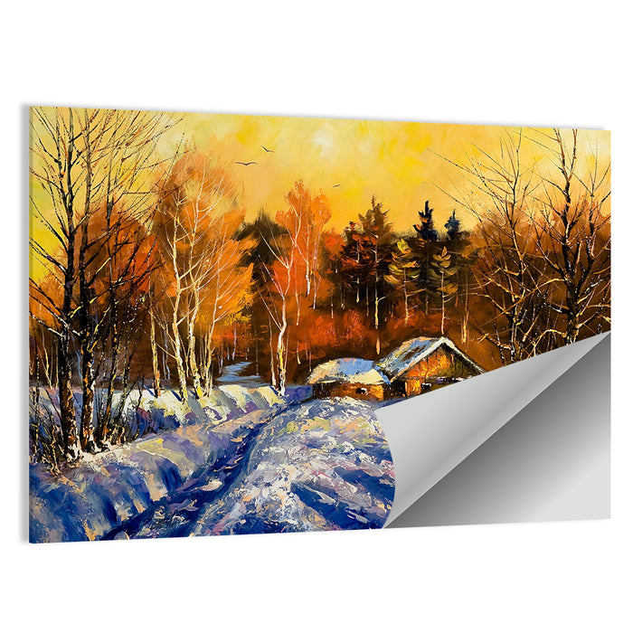 Winter Cottage Sunset Wall Art as a poster print