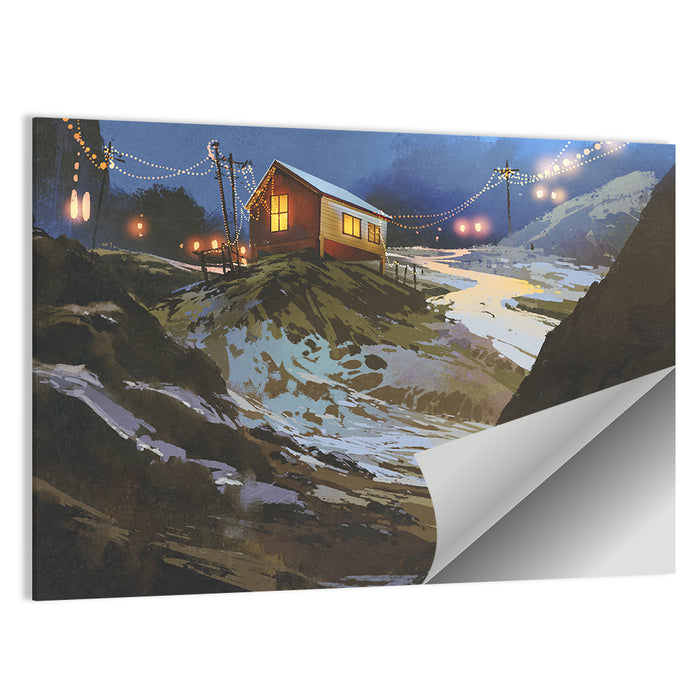 Wooden Cabin in Snowy Mountains Wall Art as a poster print