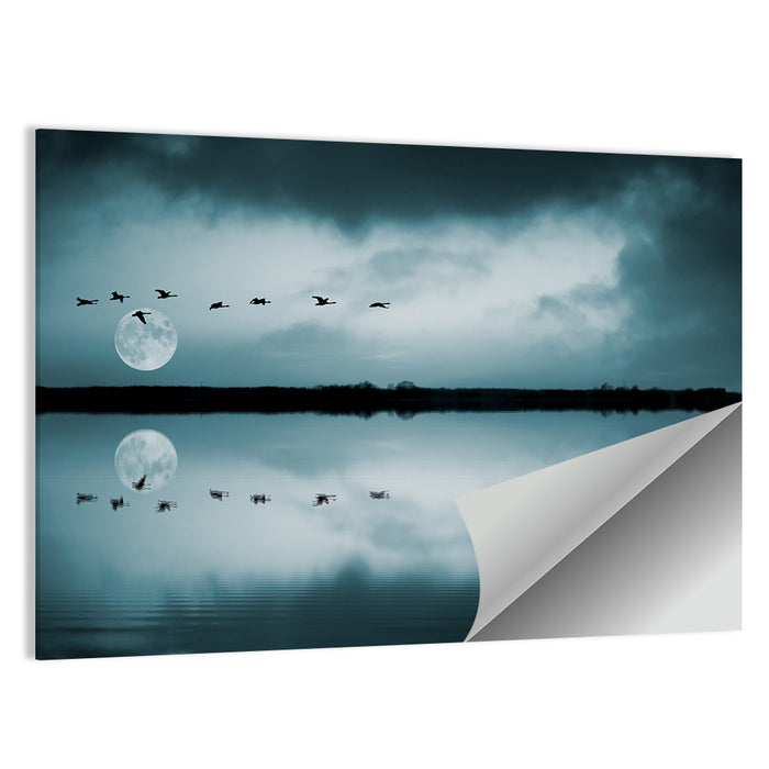 Moonlit Flock Over Lake Wall Art as a poster print