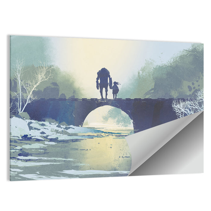 Robot and Little Girl on Bridge Wall Art as a poster print