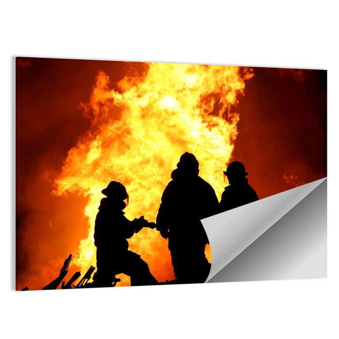 Firefighters Silhouetted Against Flames Wall Art as a poster print