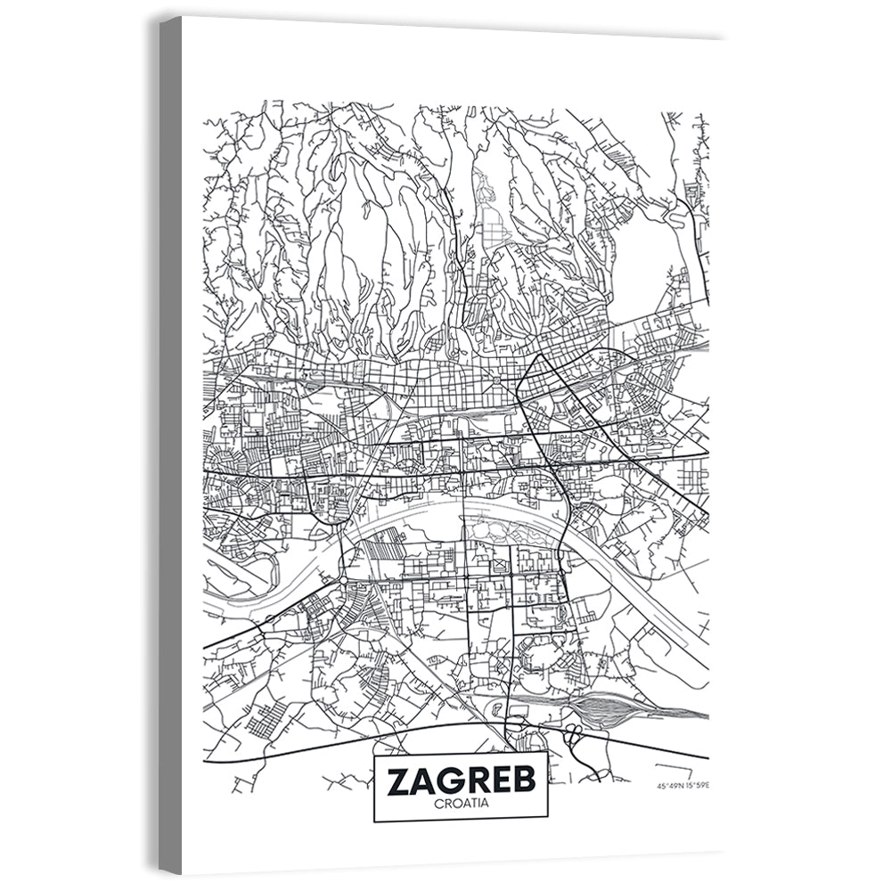Zagreb City Map Wall Art, canvas print, portrait