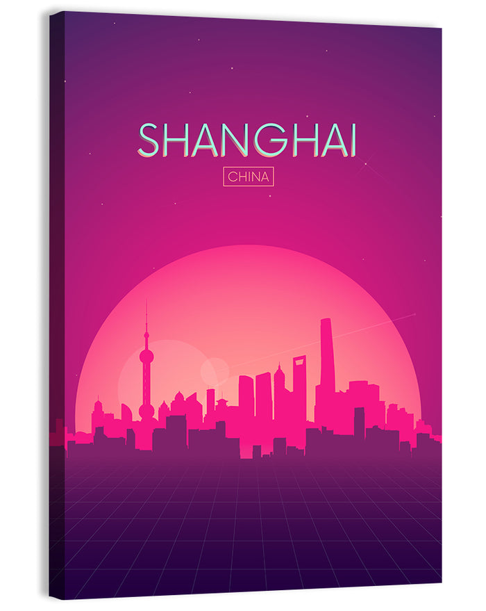 Shanghai Neon Sunset Skyline Wall Art as a canvas print