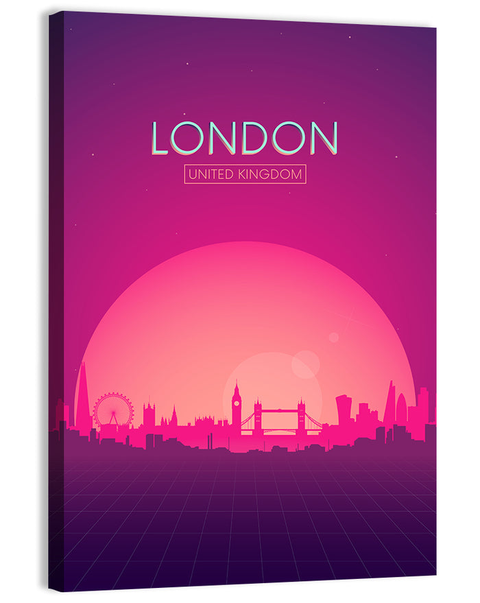Retro London Sunset Skyline Wall Art as a canvas print