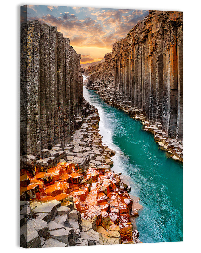 Stuðlagil Canyon Basalt Columns at Golden Hour Wall Art as a canvas print