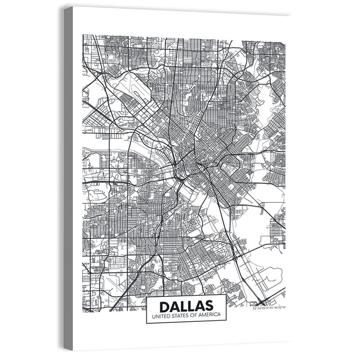 Dallas City Map with Coordinates Wall Art as a canvas print