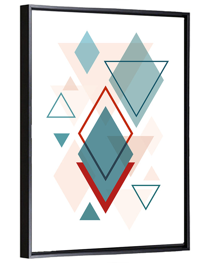 Scandinavian Teal Geometric Abstract Wall Art as a framed canvas