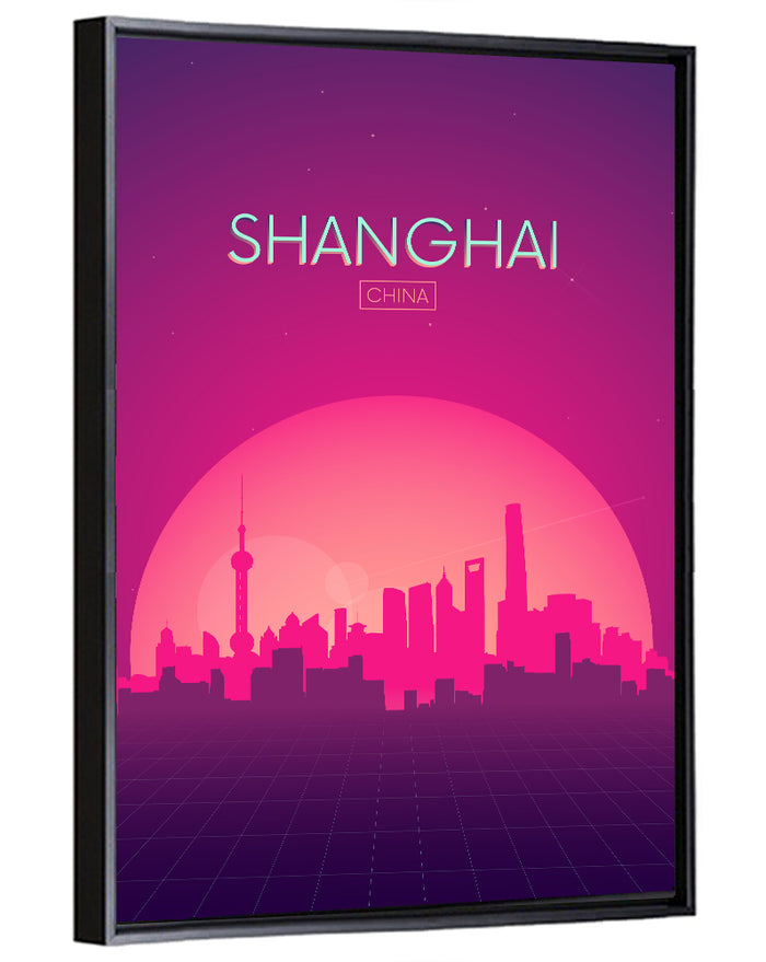 Shanghai Neon Sunset Skyline Wall Art as a framed canvas