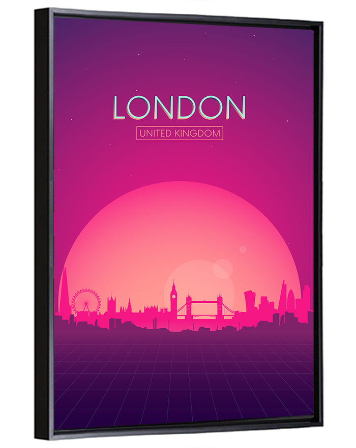 Retro London Sunset Skyline Wall Art as a framed canvas