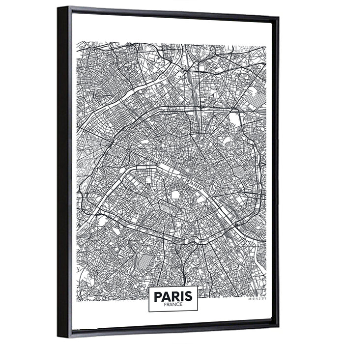 Paris Street Network Map Wall Art as a framed canvas