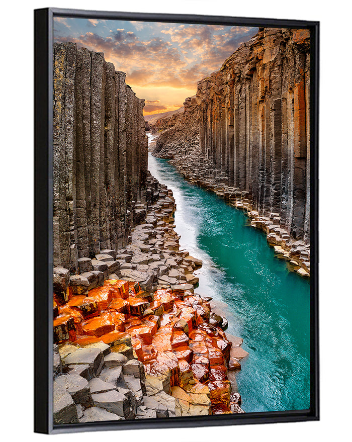 Stuðlagil Canyon Basalt Columns at Golden Hour Wall Art as a framed canvas