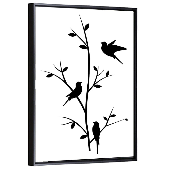 Three Birds on Branch Silhouette Wall Art as a framed canvas