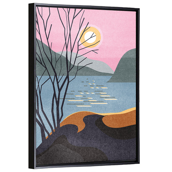 Sunset Reflection Minimalist Landscape Wall Art as a framed canvas