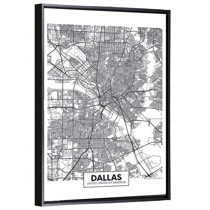 Dallas City Map with Coordinates Wall Art as a framed canvas
