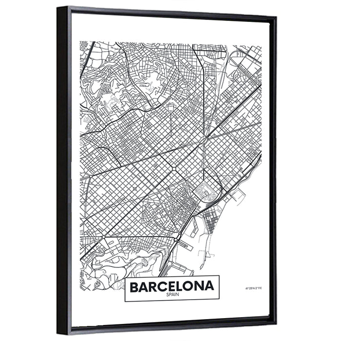 Barcelona Urban Grid Map Wall Art as a framed canvas