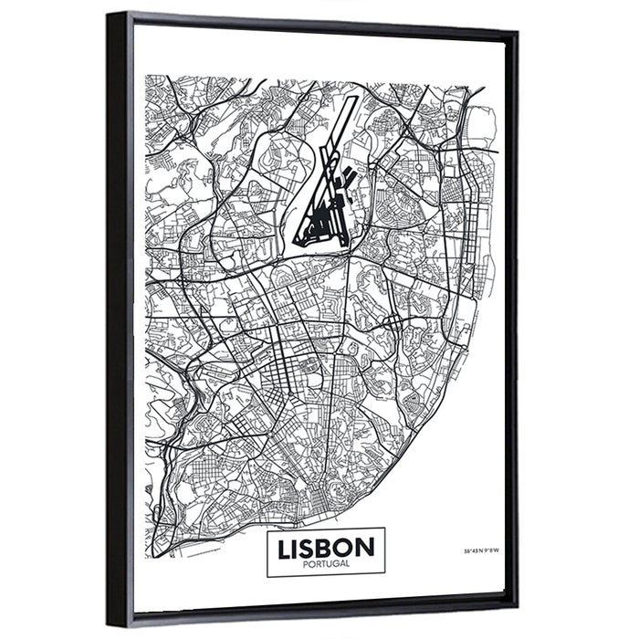 Lisbon Schematic Map Wall Art as a framed canvas