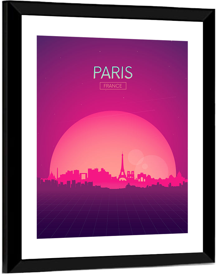 Paris Synthwave Skyline Wall Art as a framed print