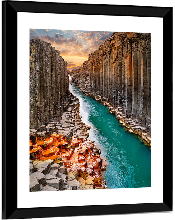 Stuðlagil Canyon Basalt Columns at Golden Hour Wall Art as a framed print