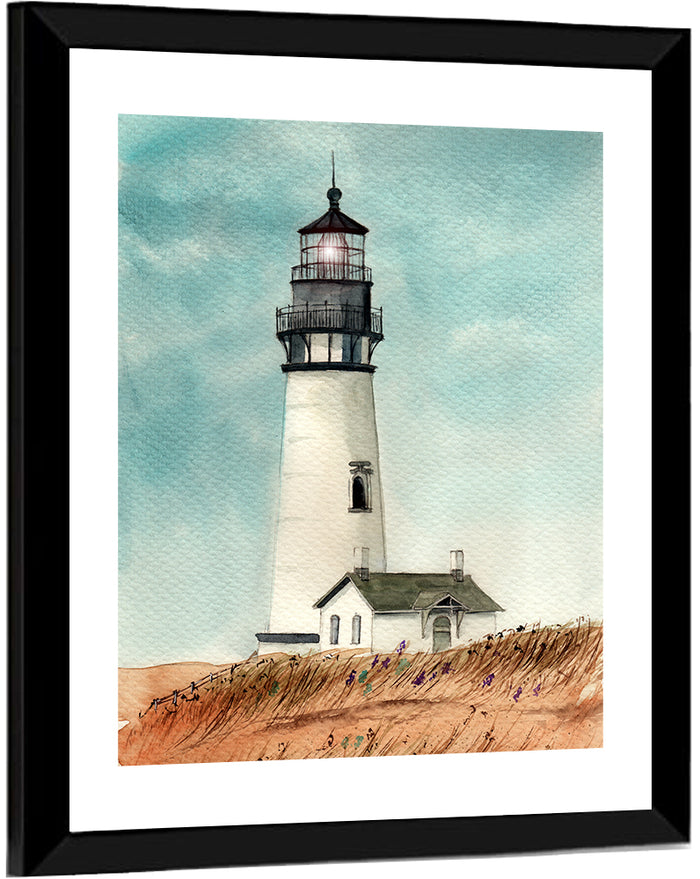 Lighthouse Over Grassy Dune Wall Art as a framed print