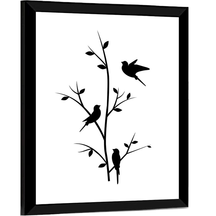 Three Birds on Branch Silhouette Wall Art as a framed print