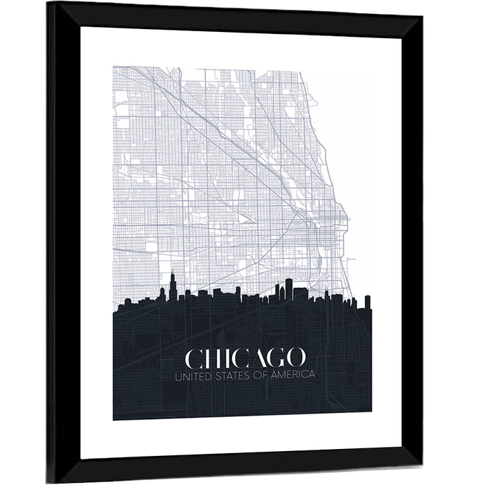 Chicago Skyline Map Wall Art as a framed print