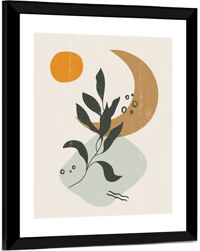 Leafy Branch with Sun and Moon Wall Art as a framed print