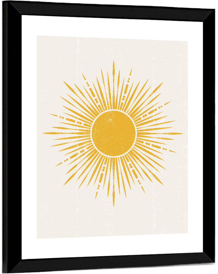 Golden Boho Sunburst Wall Art as a framed print