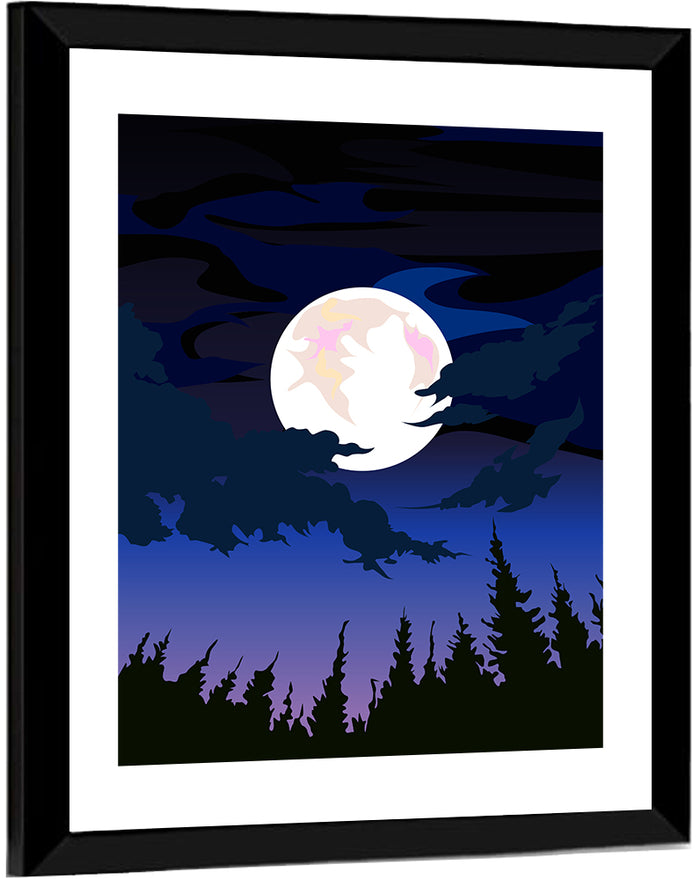 Dark Moon Over Forest Wall Art as a framed print