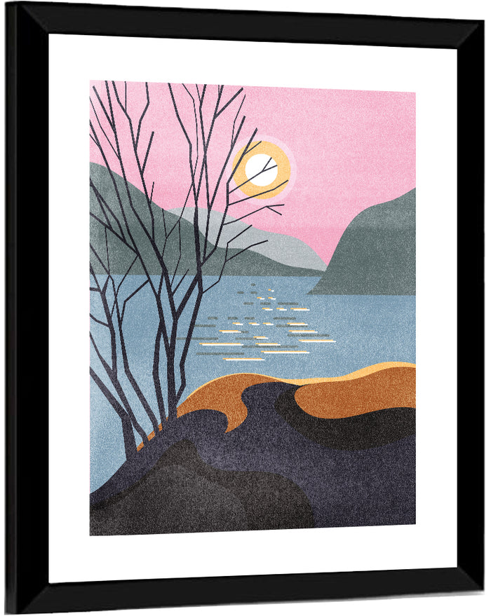 Sunset Over Lake with Bare Tree Wall Art as a framed print
