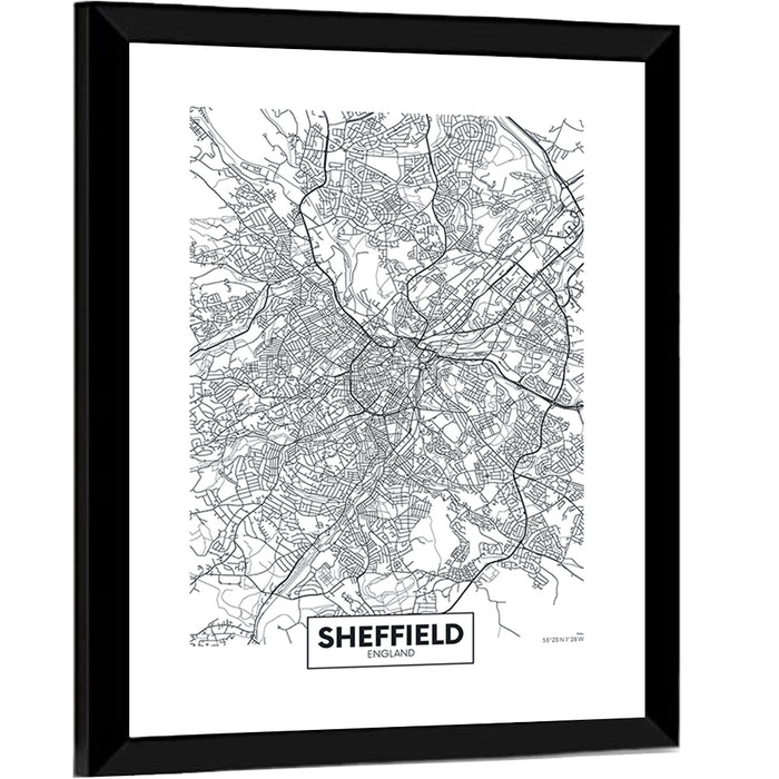 Sheffield Street Grid Map Wall Art as a framed print