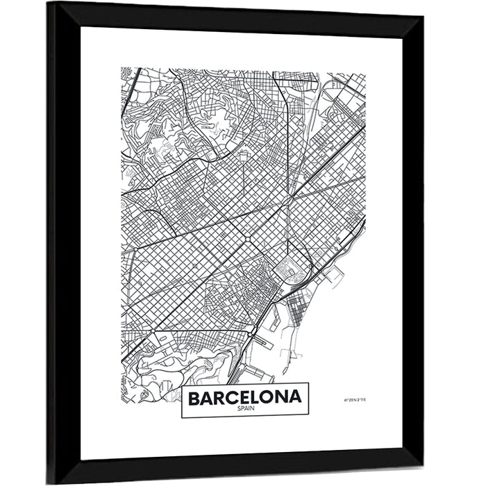 Barcelona Urban Grid Map Wall Art as a framed print