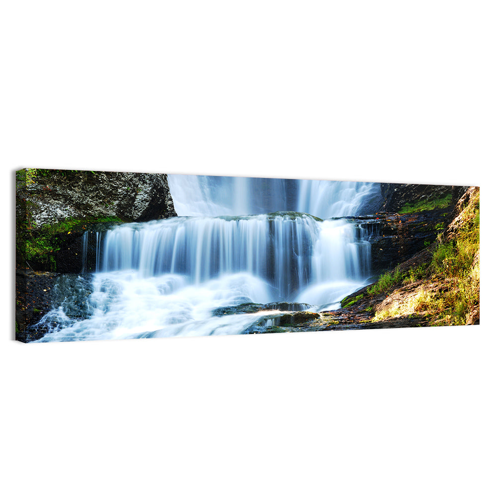 White Waterfall Over Mossy Rocks Wall Art, canvas print, panoramic