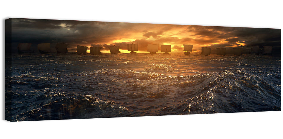 Viking Longships at Sunset Wall Art, canvas print, panoramic