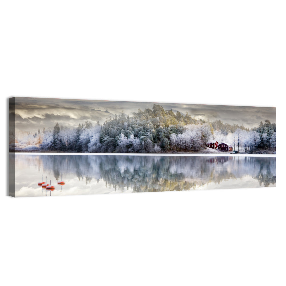 Red Cottage by a Frozen Lake Wall Art, canvas print, panoramic