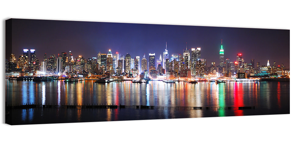 New York Skyline Mirror Reflection at Night Wall Art, canvas print, panoramic