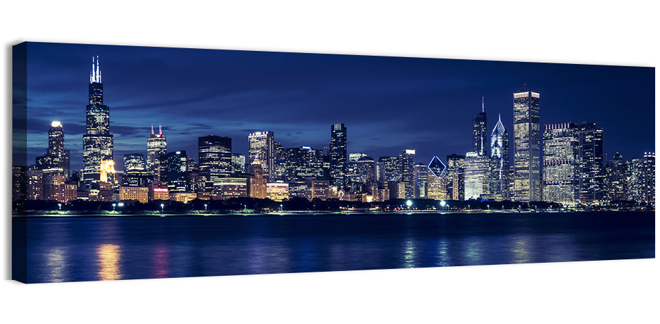 Chicago Night Skyline with Willis Tower Wall Art, canvas print, panoramic