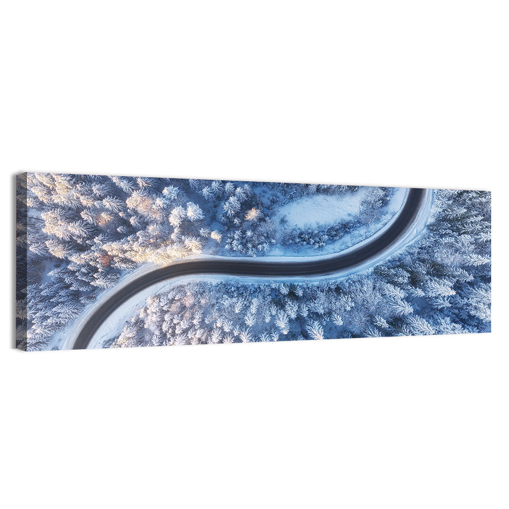 Winding Snow-covered Forest Road Wall Art, canvas print, panoramic