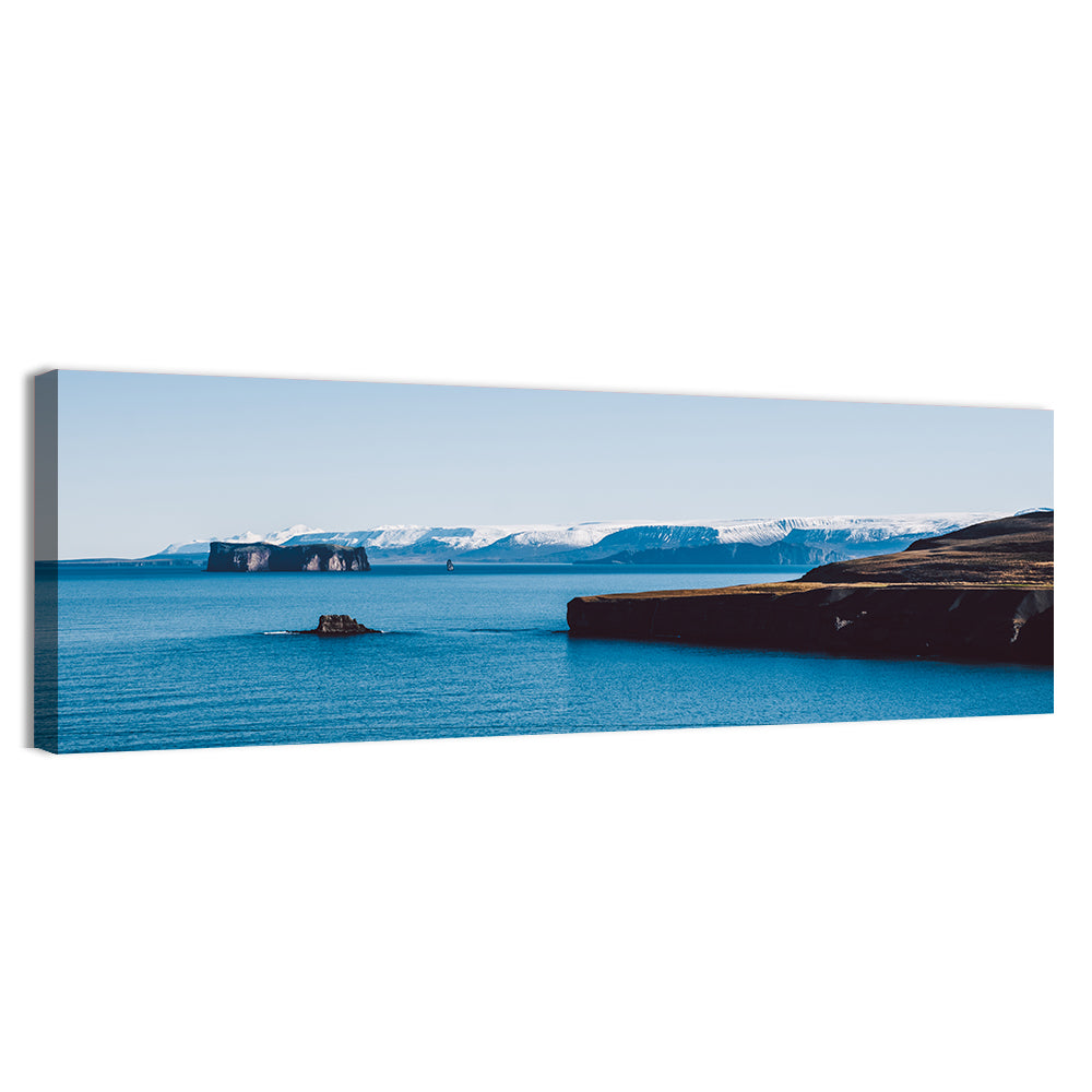 Calm Blue Lake with Coastal Cliffs Wall Art, canvas print, panoramic
