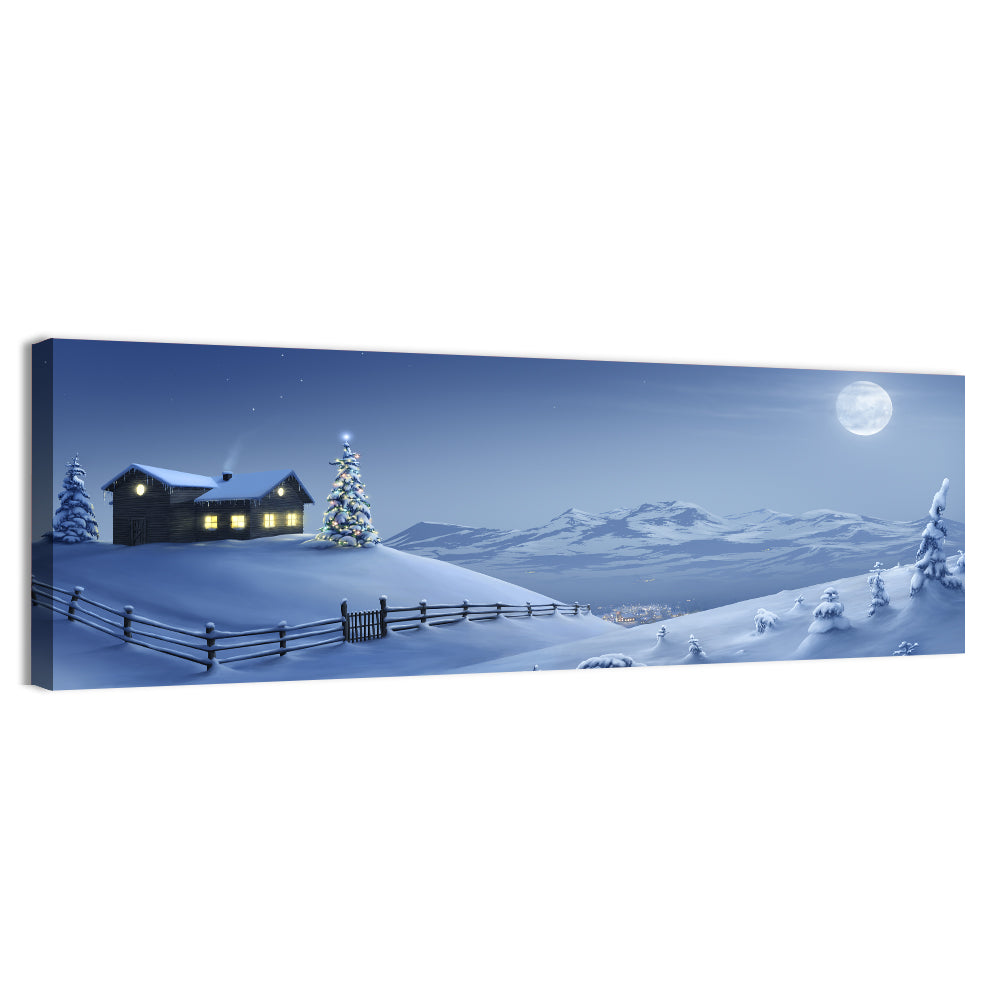 Snowy Mountain Cabin at Night Wall Art, canvas print, panoramic