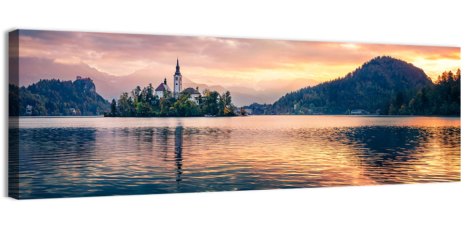 Golden Hour at Bled Island Wall Art, canvas print, panoramic