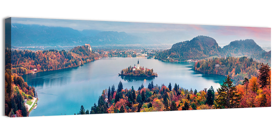 Sunset Over Lake Bled Wall Art, canvas print, panoramic
