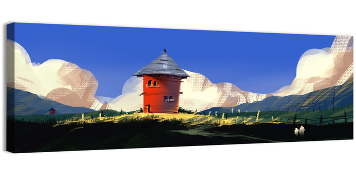 Red Tower in Meadow Wall Art as a canvas print