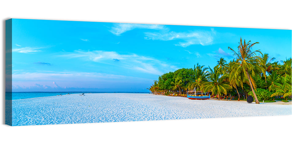Blue Boat on Caribbean Beach Wall Art, canvas print, panoramic