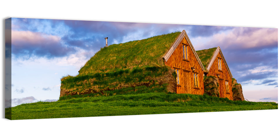 Icelandic Turf Houses at Dusk Wall Art, canvas print, panoramic