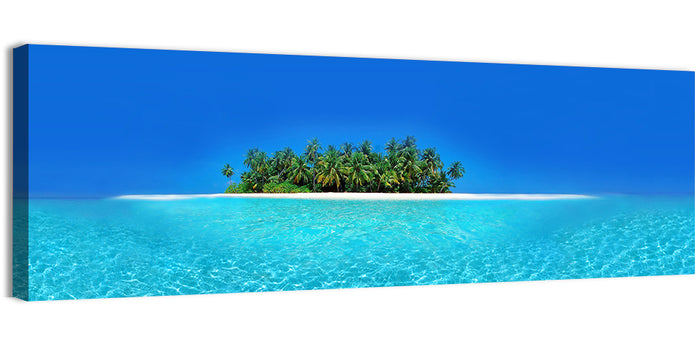 Turquoise Atoll Sandbar with Palm Trees Wall Art as a canvas print