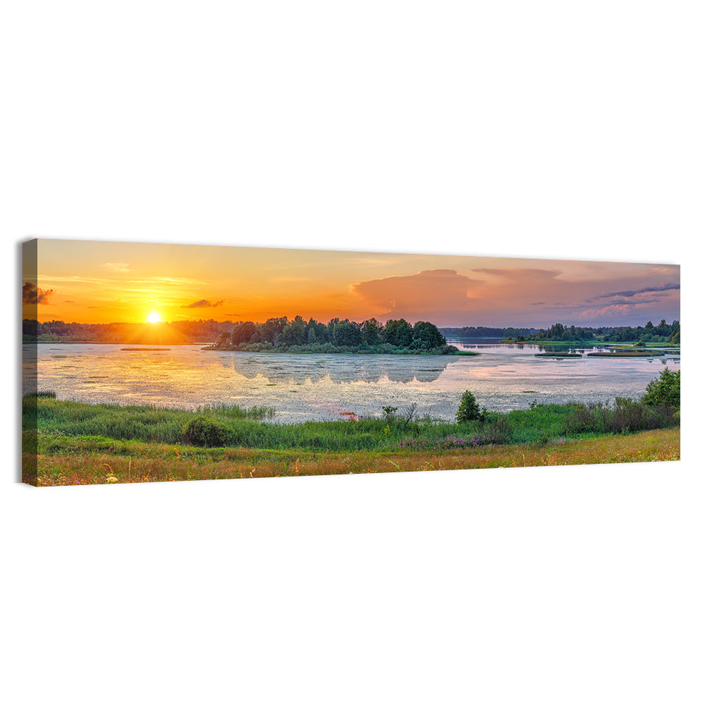 Sunset Over Lake Wall Art, canvas print, panoramic