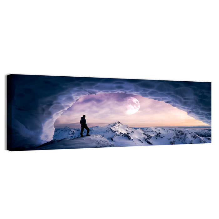 Moonlit Ice Cave Hiker Wall Art as a canvas print