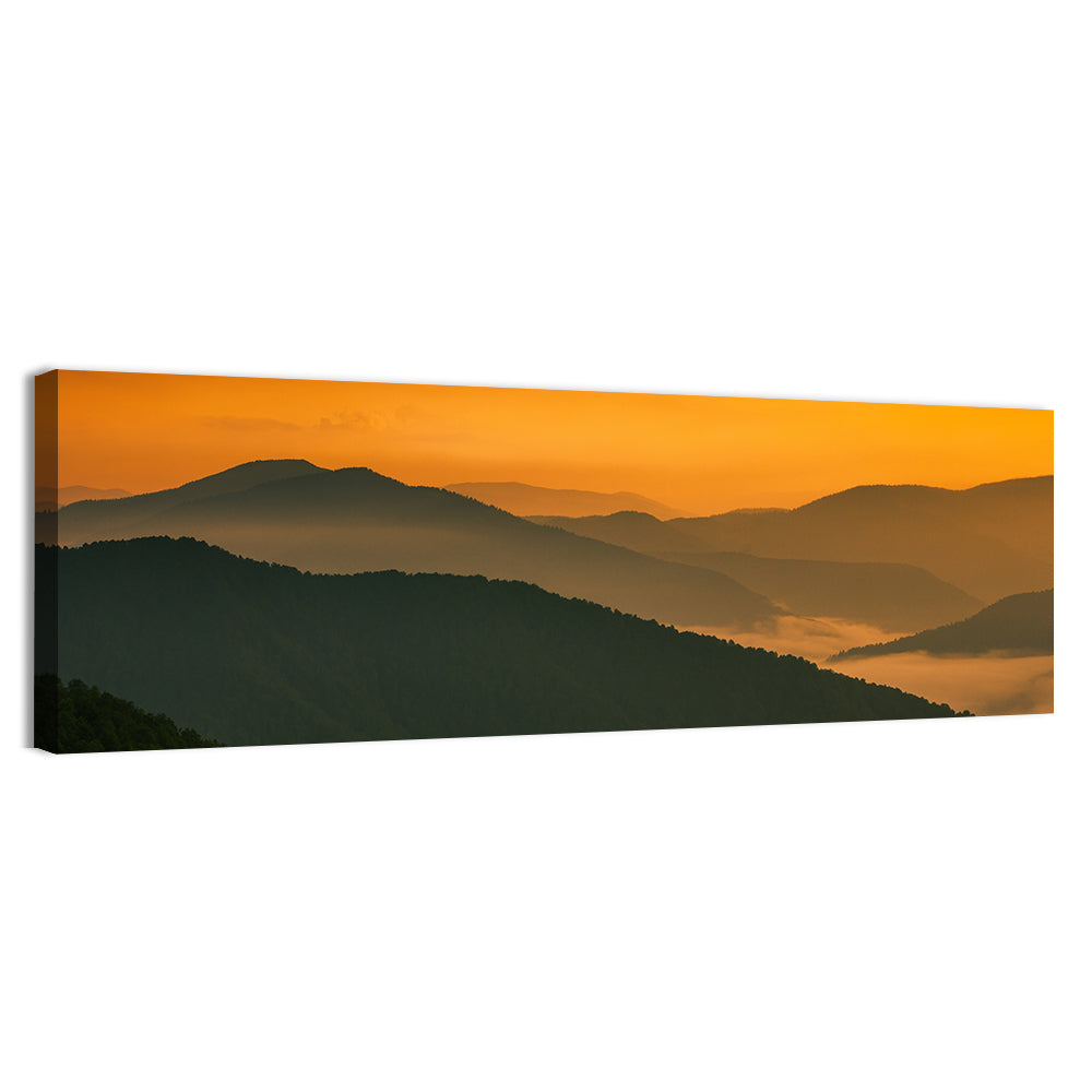 Golden Mist Mountain Valley Wall Art, canvas print, panoramic
