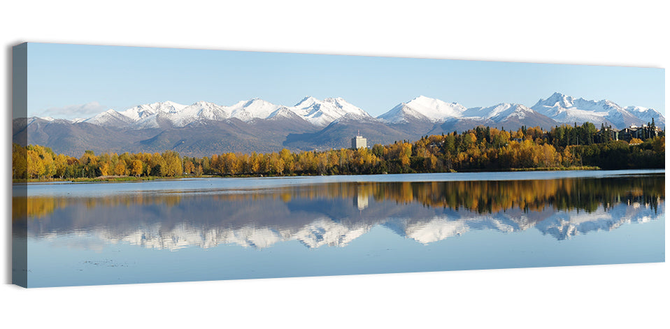 Anchorage Autumn Reflection and Chugach Mountains Wall Art, canvas print, panoramic