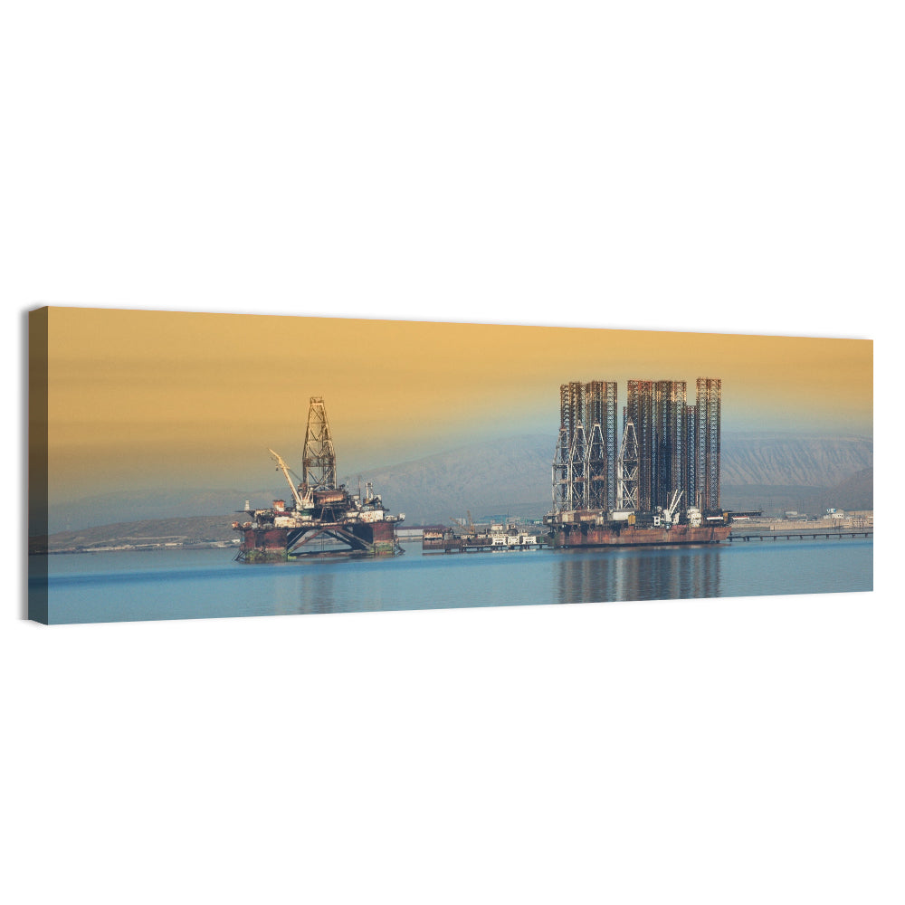 Baku Oil Rigs at Dusk Wall Art, canvas print, panoramic